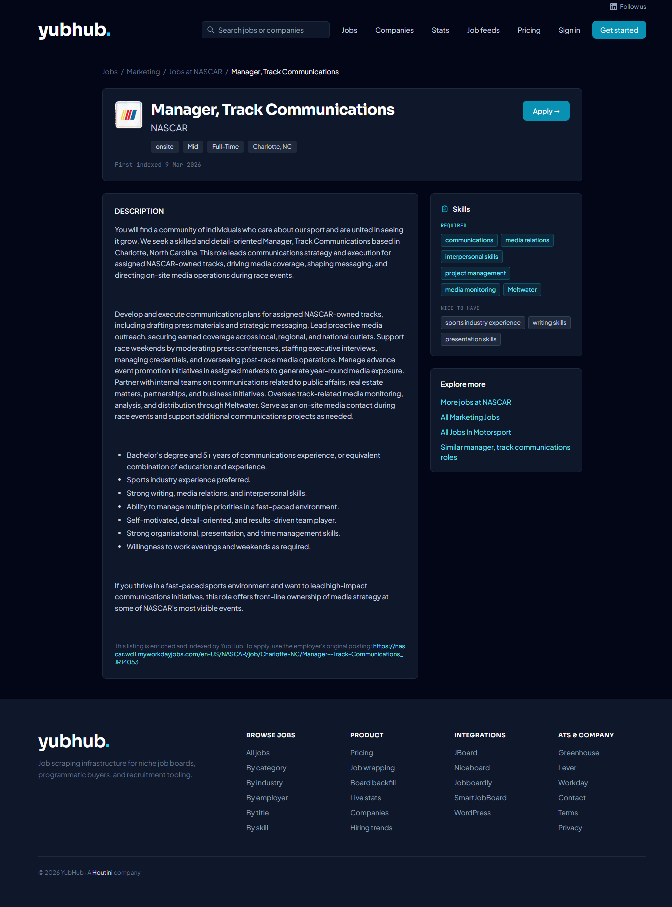 YubHub job detail page with structured salary, location and skills data